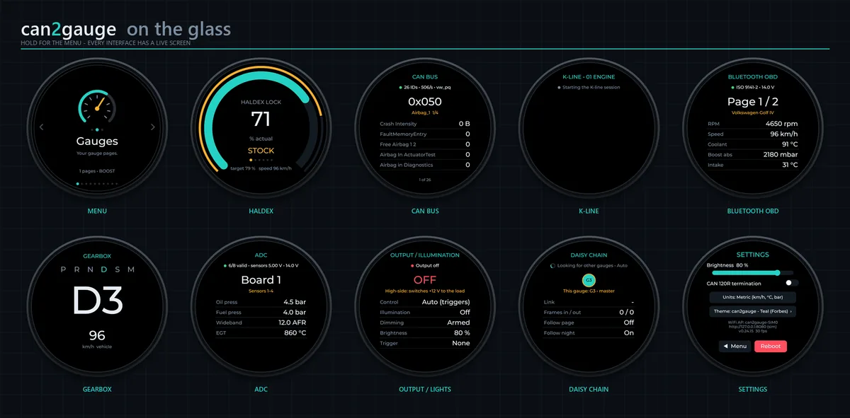 The mode screens: menu, Haldex, CAN bus, K-line, Bluetooth OBD, Gearbox, ADC, Output, Daisy chain, Settings