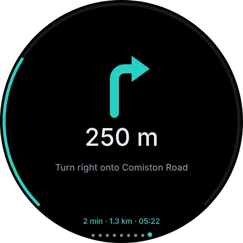 The Nav page: a right-turn arrow, 250 m, Turn right onto Comiston Road, and the arrival time