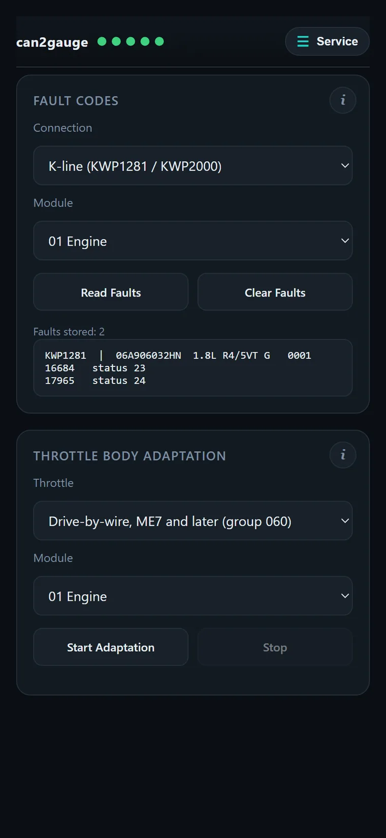 The Service tab: fault codes and basic settings